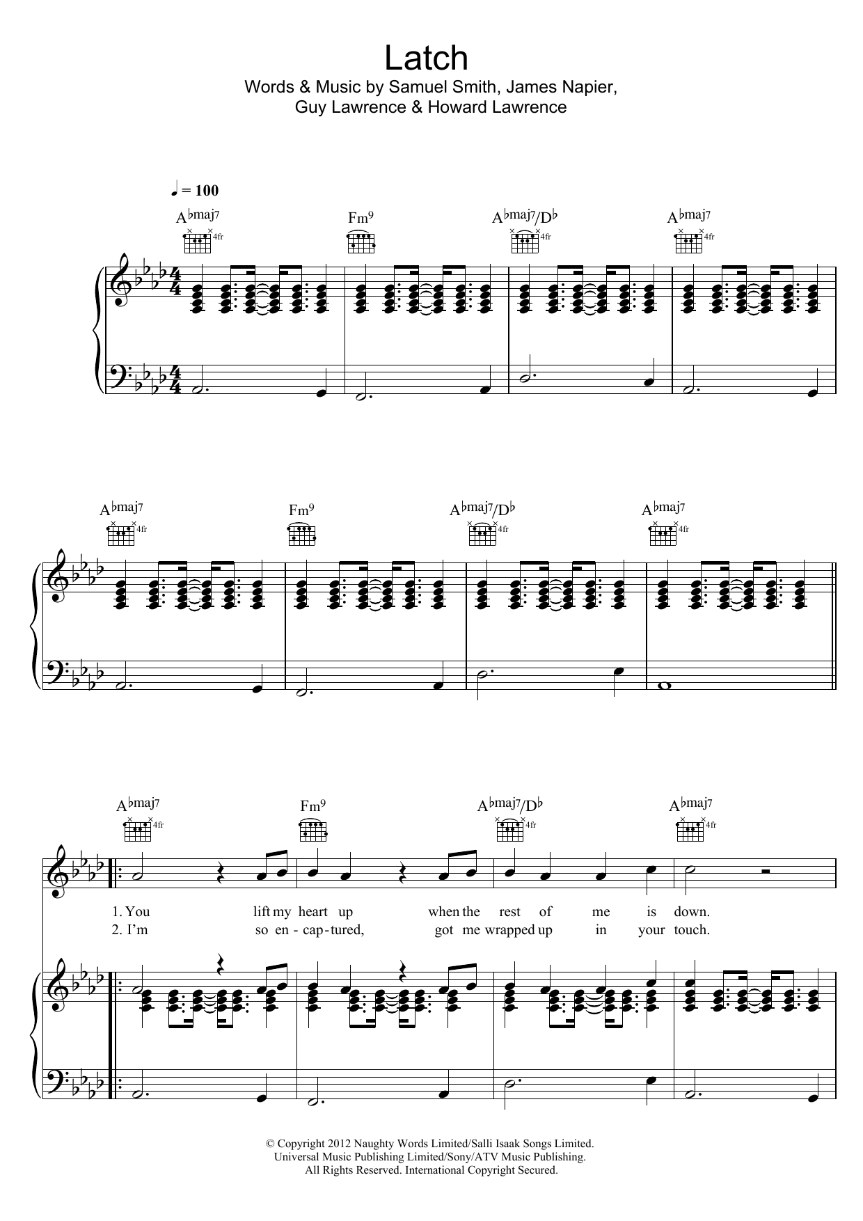Sam Smith Latch (Acoustic) sheet music notes and chords arranged for Piano, Vocal & Guitar Chords