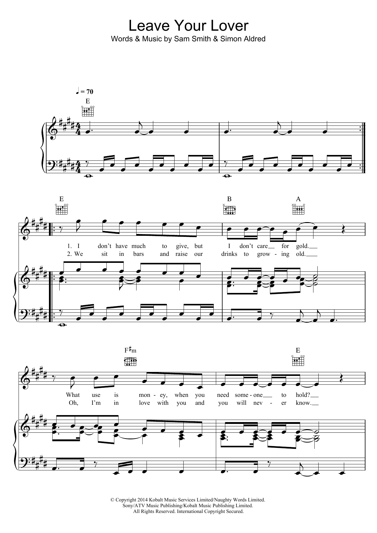 Sam Smith Leave Your Lover sheet music notes and chords arranged for Piano, Vocal & Guitar Chords (Right-Hand Melody)