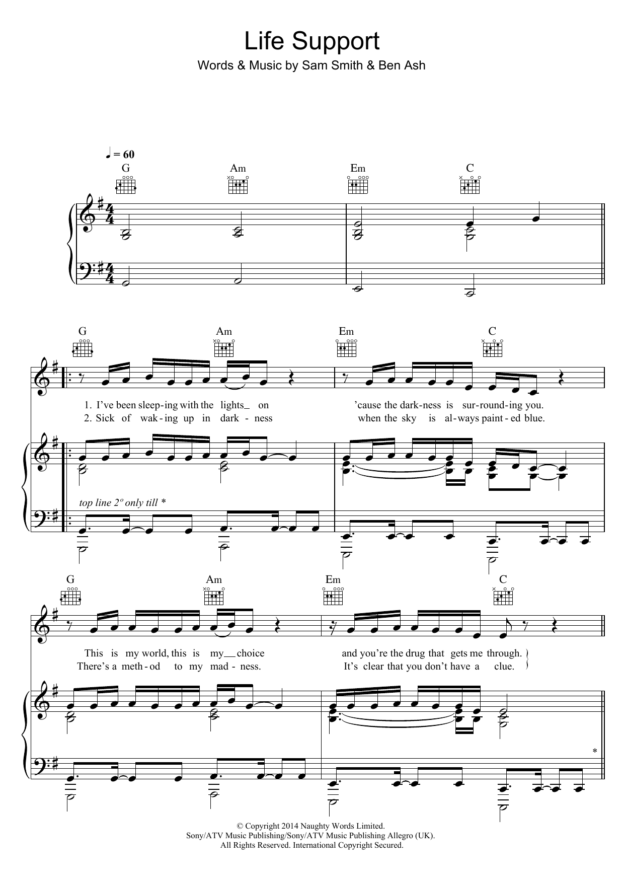 Sam Smith Life Support sheet music notes and chords arranged for Piano, Vocal & Guitar Chords