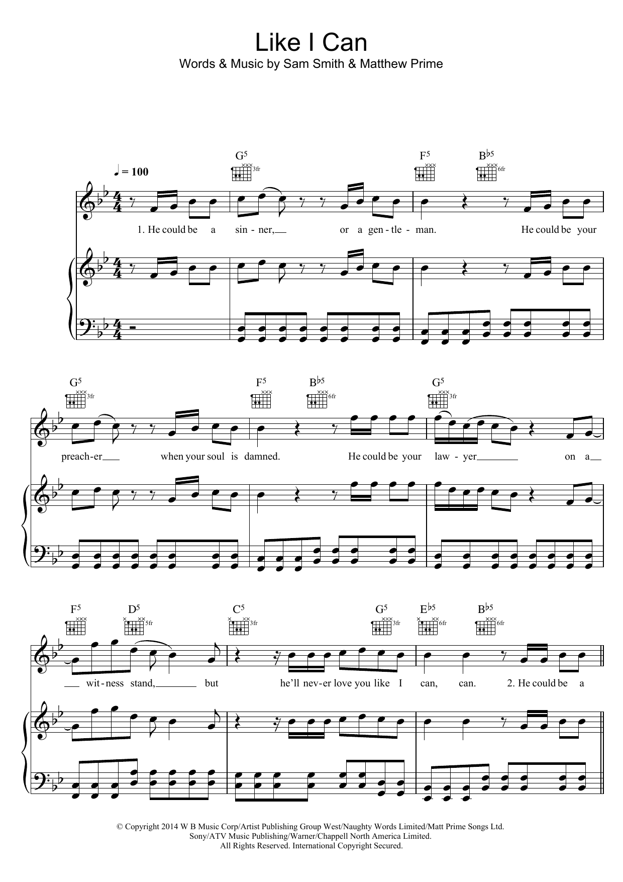 Sam Smith Like I Can sheet music notes and chords arranged for Piano, Vocal & Guitar Chords