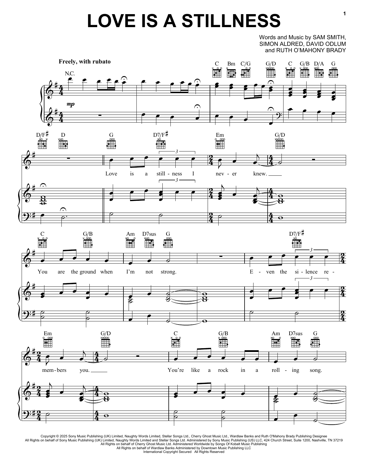 Sam Smith Love Is A Stillness sheet music notes and chords arranged for Piano, Vocal & Guitar Chords (Right-Hand Melody)