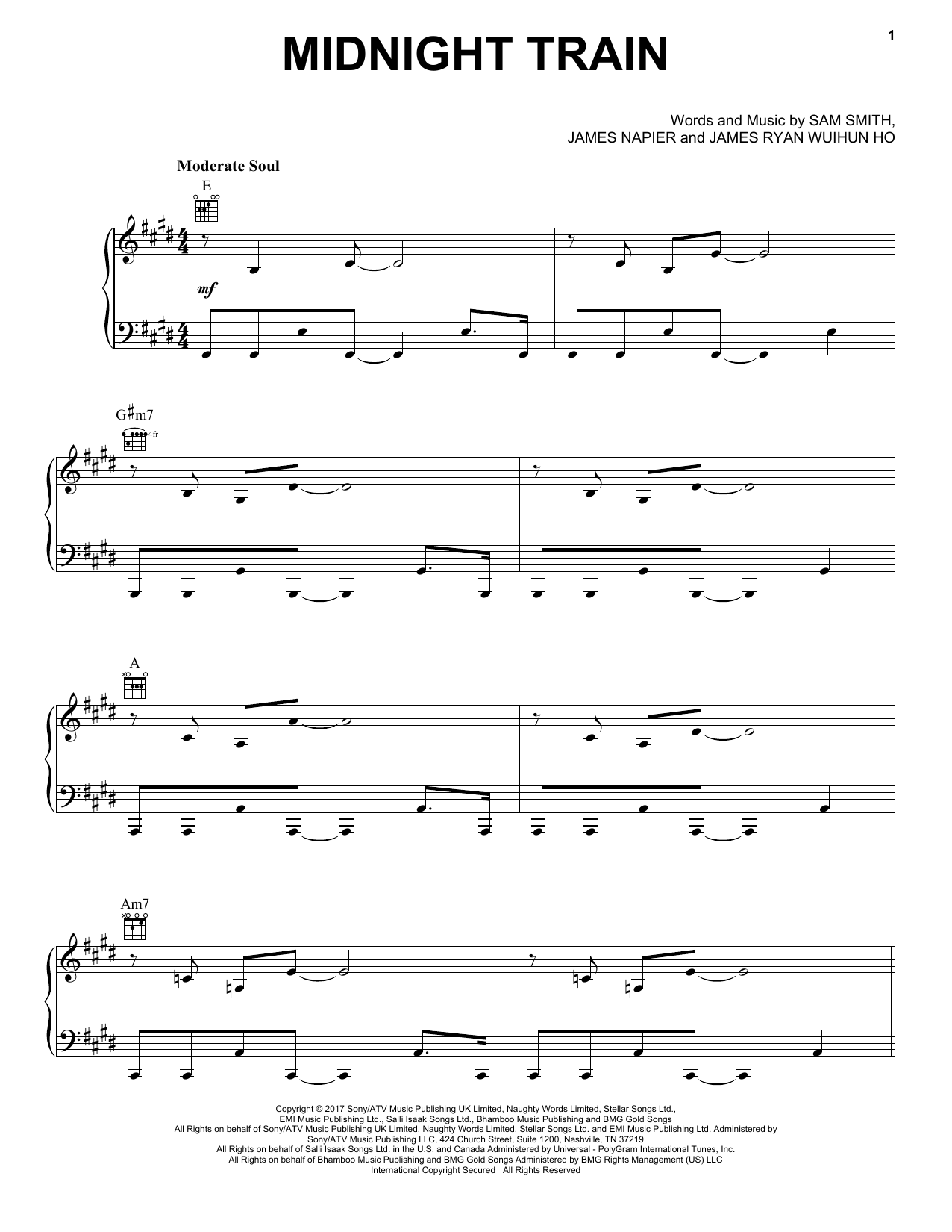 Sam Smith Midnight Train sheet music notes and chords arranged for Piano, Vocal & Guitar Chords (Right-Hand Melody)