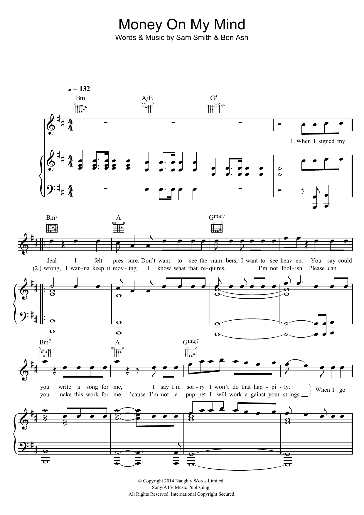 Sam Smith Money On My Mind sheet music notes and chords arranged for Piano, Vocal & Guitar Chords (Right-Hand Melody)