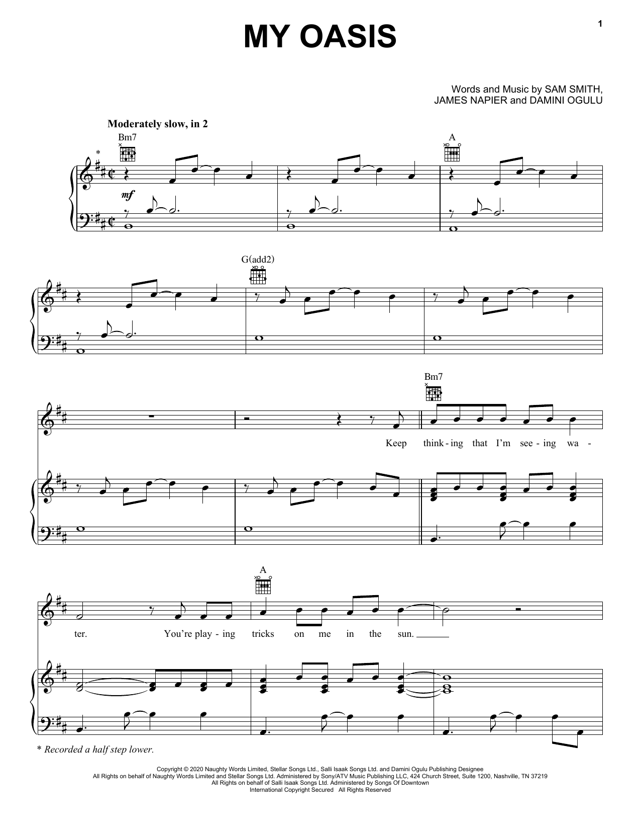 Sam Smith My Oasis (feat. Burna Boy) sheet music notes and chords arranged for Piano, Vocal & Guitar Chords (Right-Hand Melody)