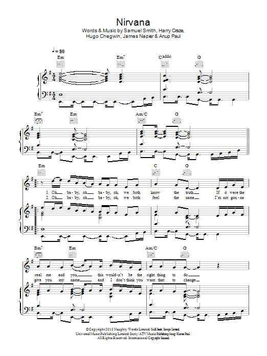 Sam Smith Nirvana sheet music notes and chords arranged for Piano, Vocal & Guitar Chords