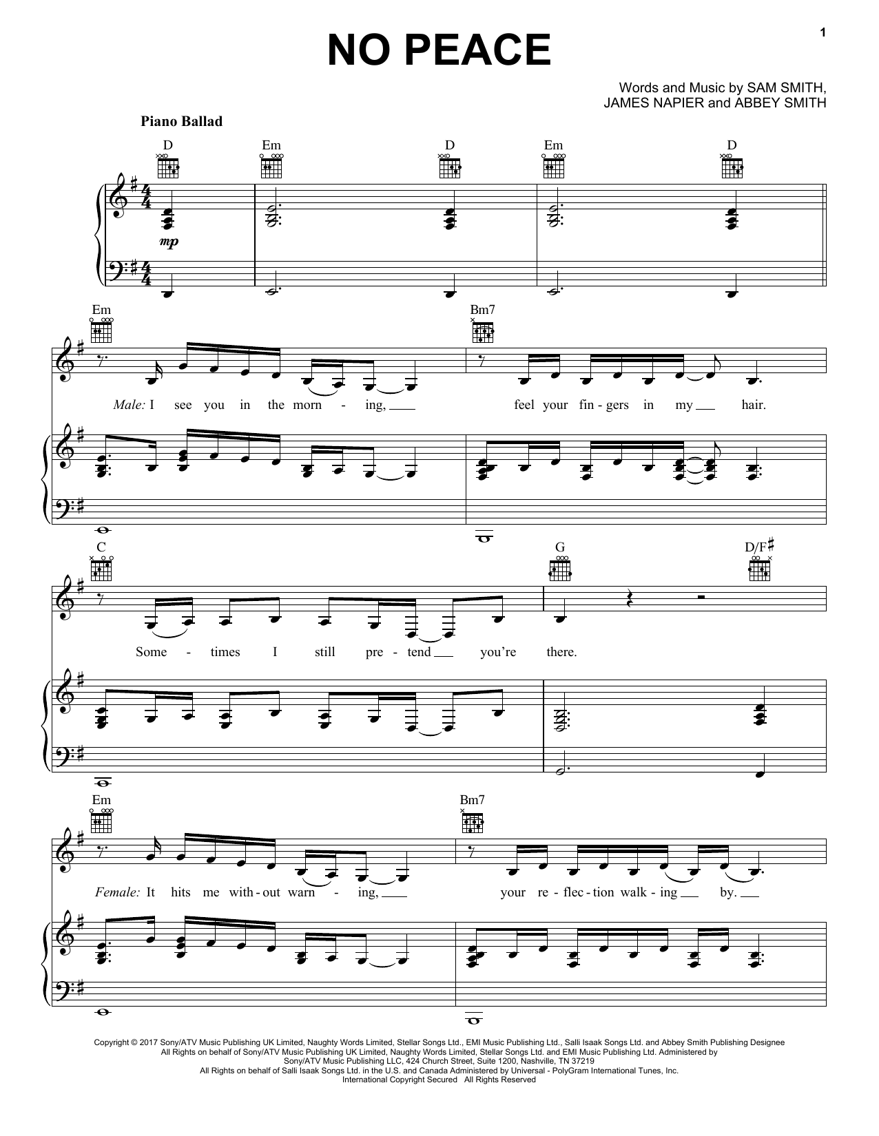 Sam Smith No Peace (feat. YEBBA) sheet music notes and chords arranged for Easy Piano