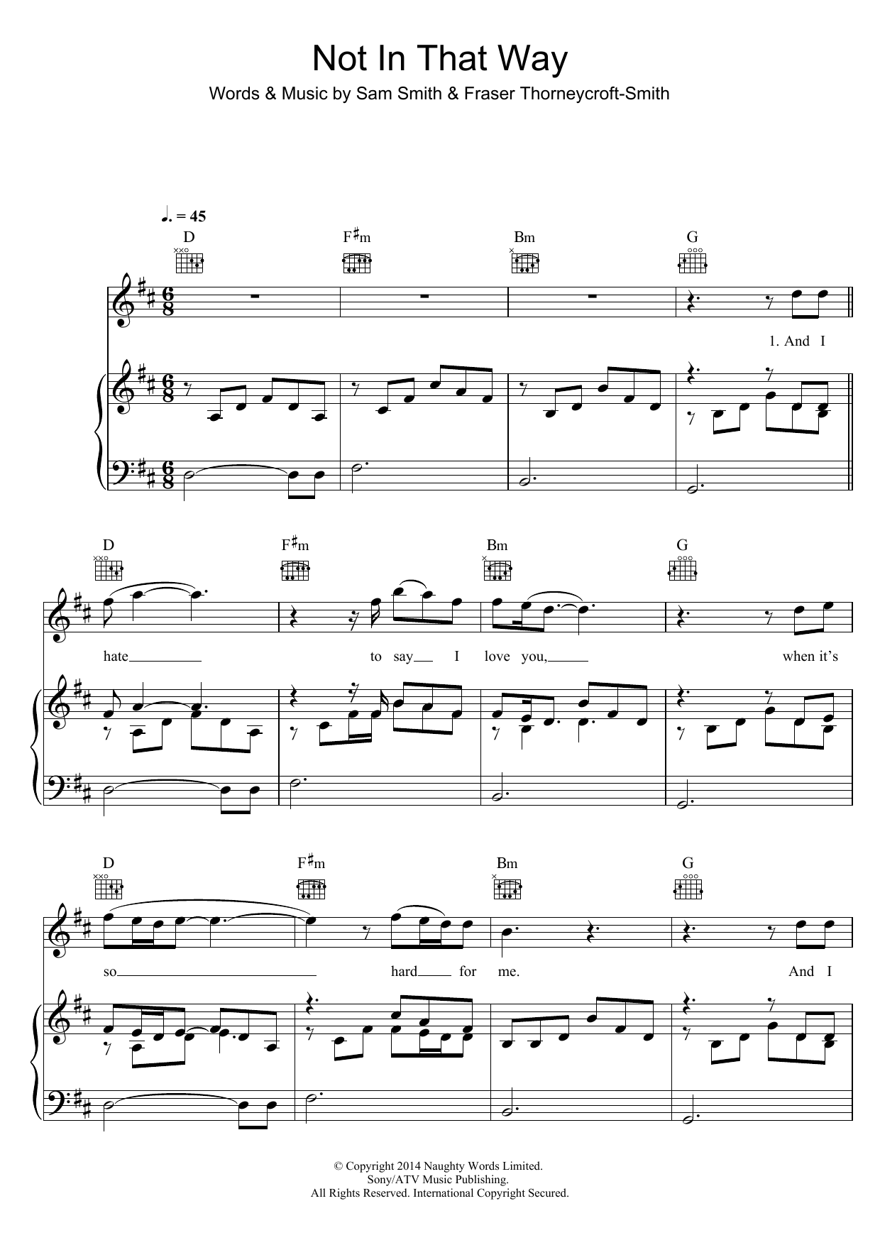 Sam Smith Not In That Way sheet music notes and chords arranged for Piano, Vocal & Guitar Chords (Right-Hand Melody)