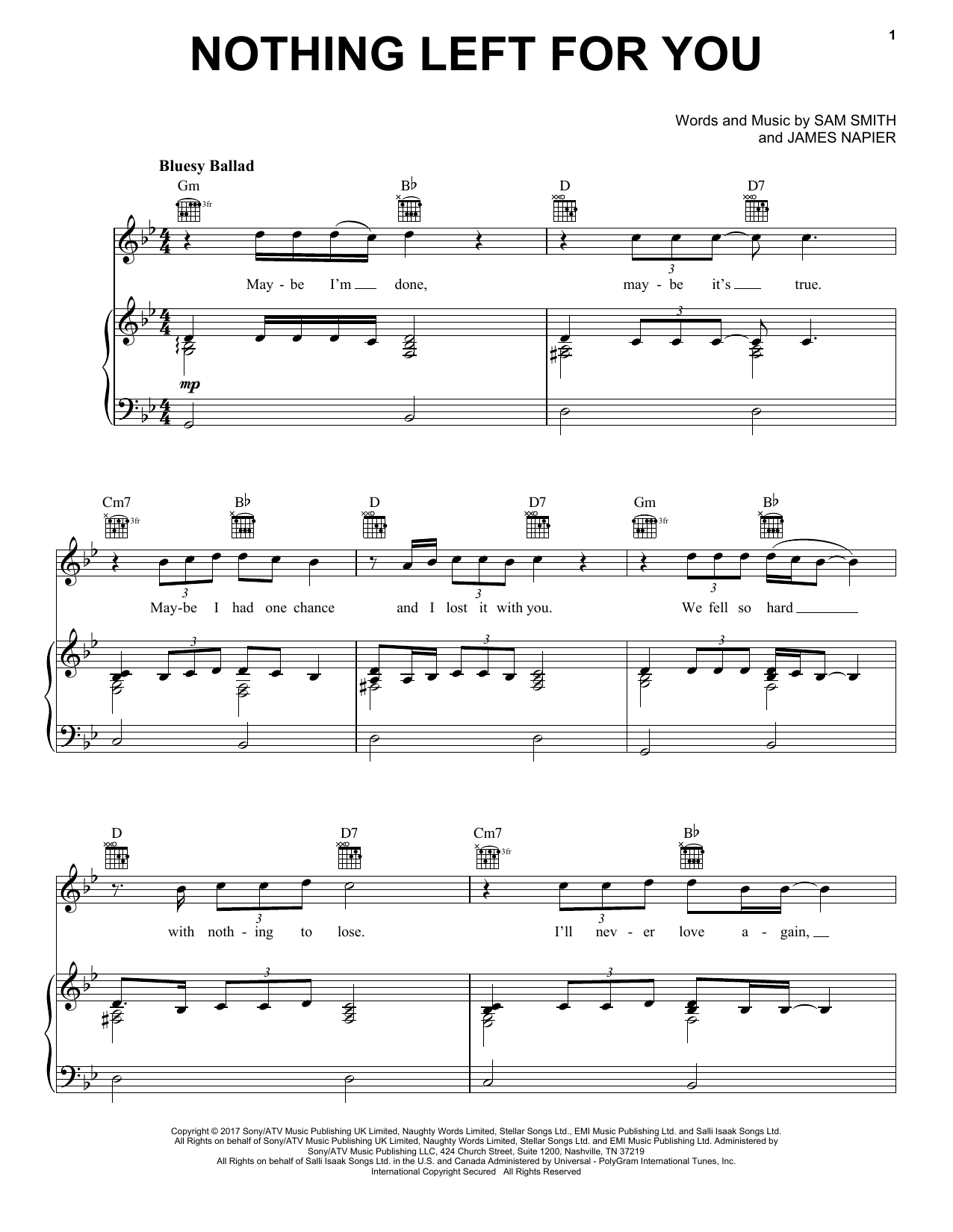 Sam Smith Nothing Left For You sheet music notes and chords arranged for Easy Piano