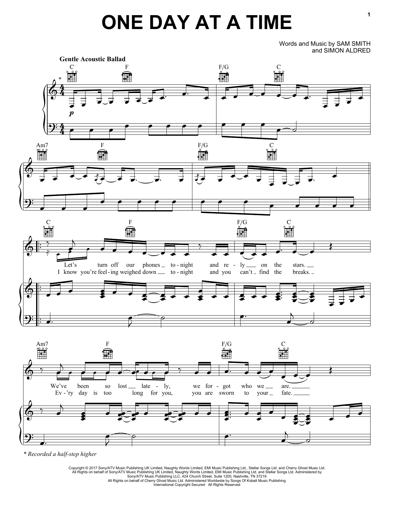 Sam Smith One Day At A Time sheet music notes and chords arranged for Piano, Vocal & Guitar Chords (Right-Hand Melody)