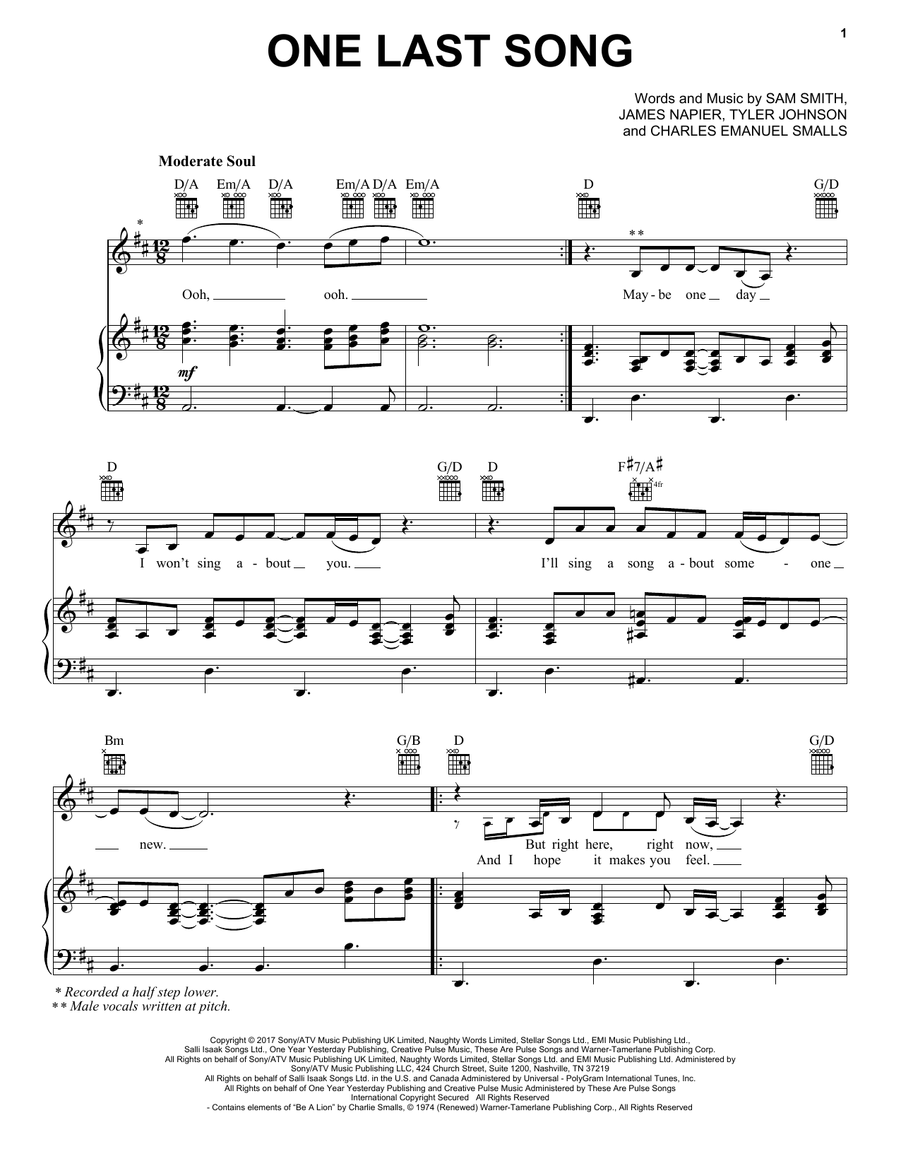 Sam Smith One Last Song sheet music notes and chords arranged for Easy Piano