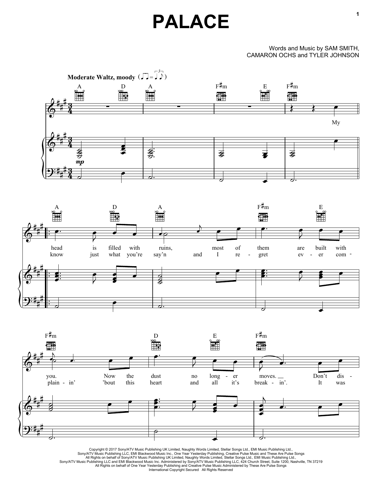 Sam Smith Palace sheet music notes and chords arranged for Easy Piano