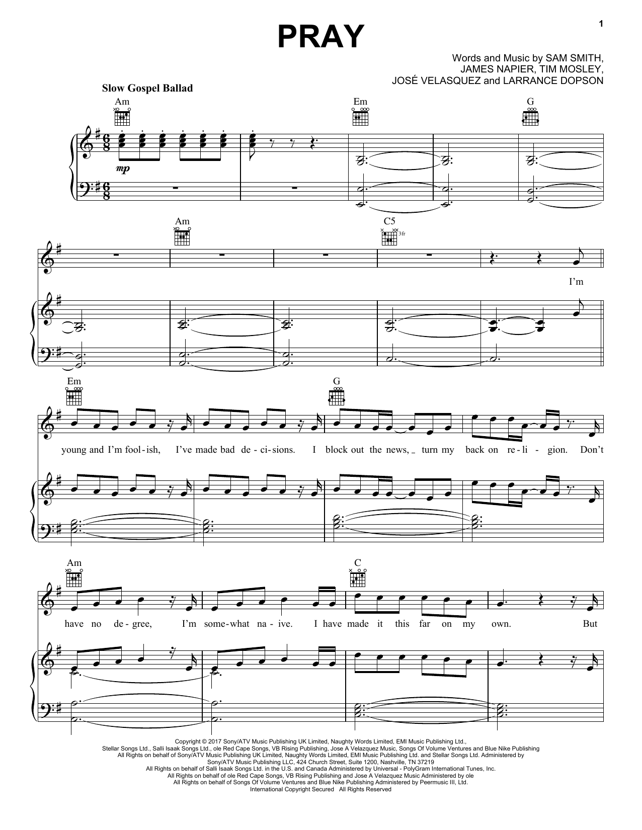 Sam Smith Pray sheet music notes and chords arranged for Easy Piano