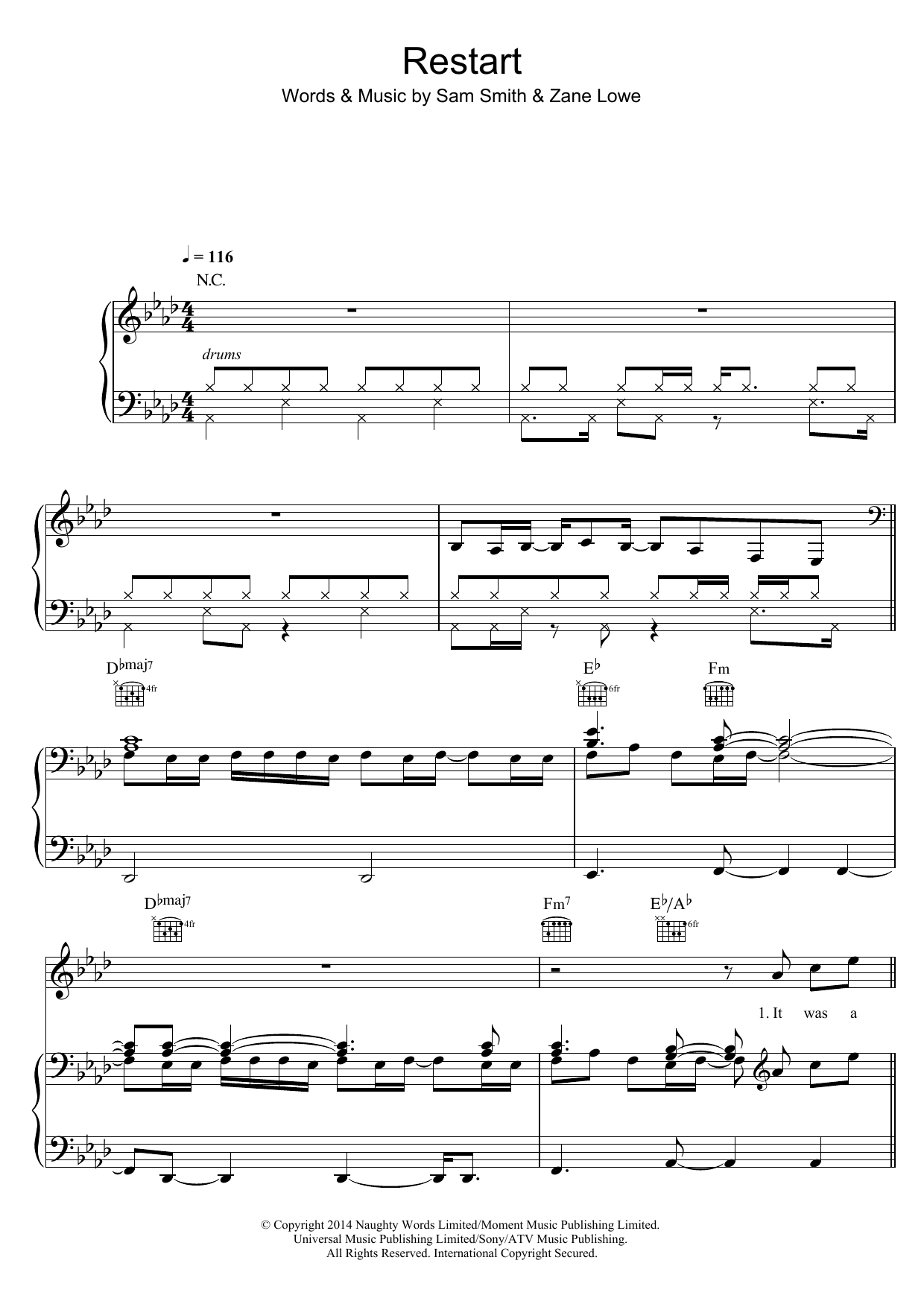 Sam Smith Restart sheet music notes and chords arranged for Piano, Vocal & Guitar Chords (Right-Hand Melody)