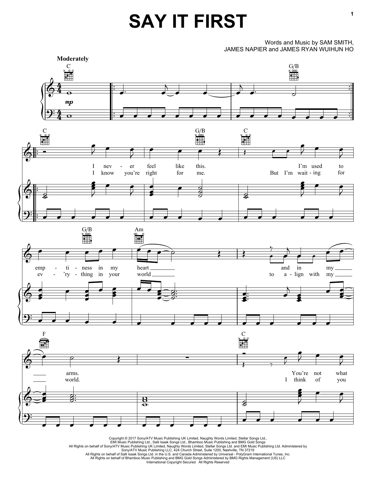Sam Smith Say It First sheet music notes and chords arranged for Easy Piano