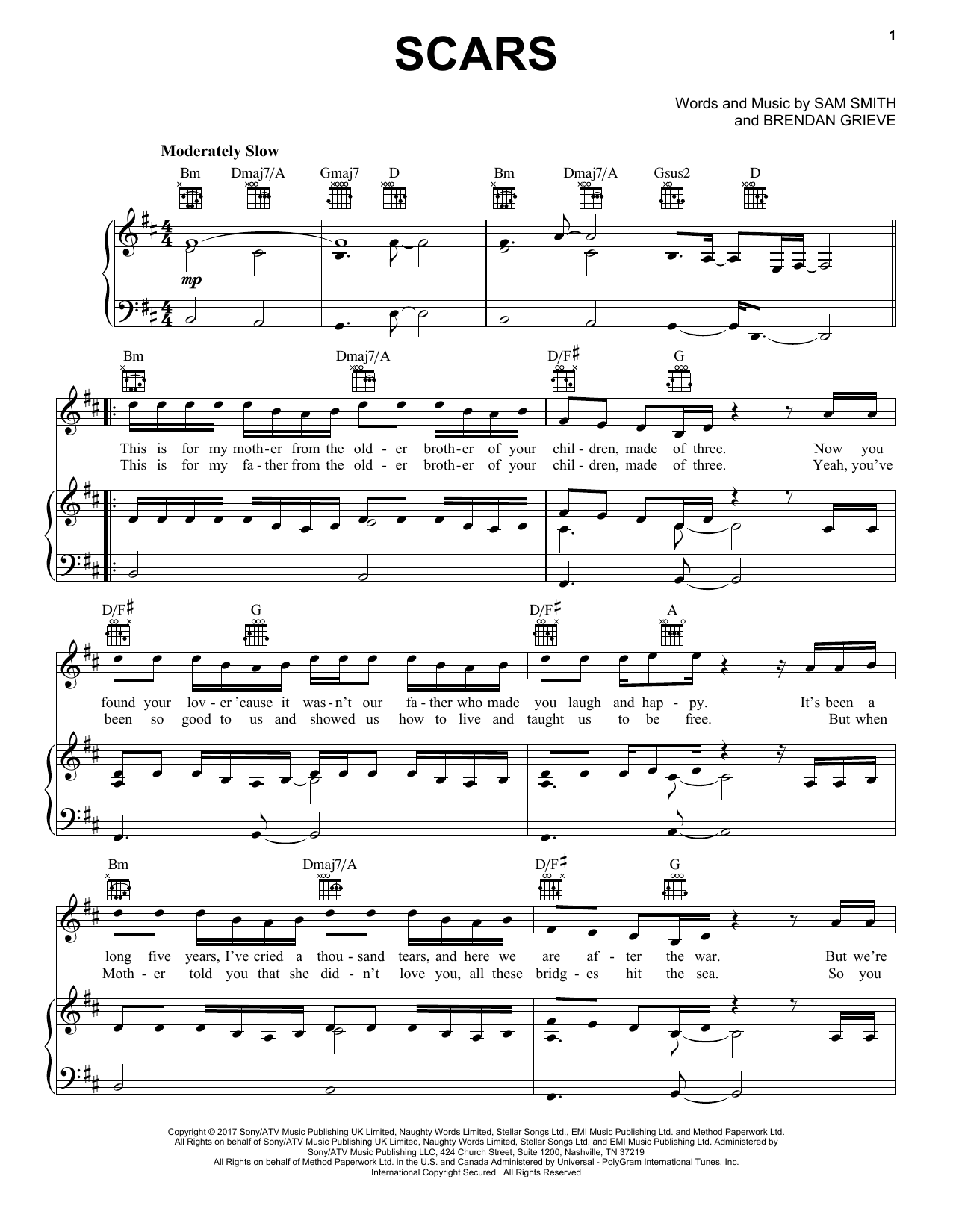 Sam Smith Scars sheet music notes and chords arranged for Piano, Vocal & Guitar Chords (Right-Hand Melody)