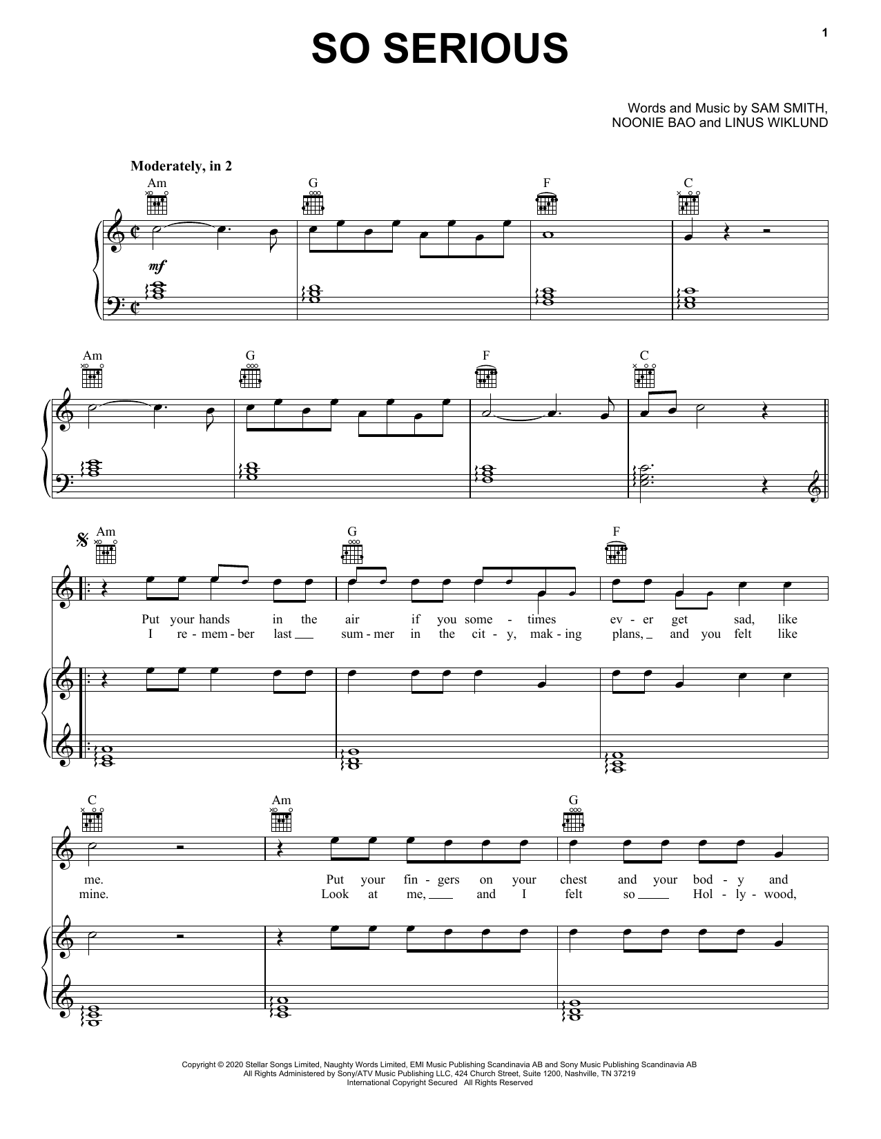 Sam Smith So Serious sheet music notes and chords arranged for Piano, Vocal & Guitar Chords (Right-Hand Melody)
