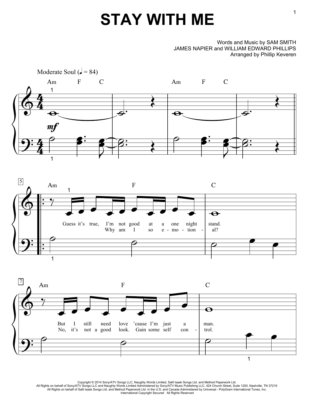 Sam Smith Stay With Me (arr. Phillip Keveren) sheet music notes and chords arranged for Big Note Piano