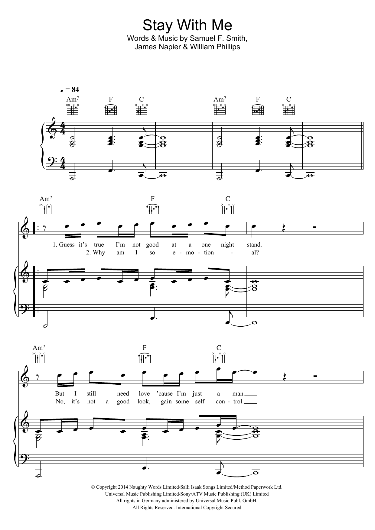 Sam Smith Stay With Me sheet music notes and chords arranged for Easy Piano