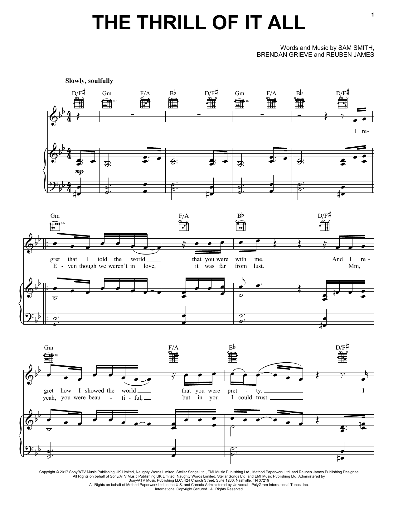 Sam Smith The Thrill Of It All sheet music notes and chords arranged for Piano, Vocal & Guitar Chords (Right-Hand Melody)