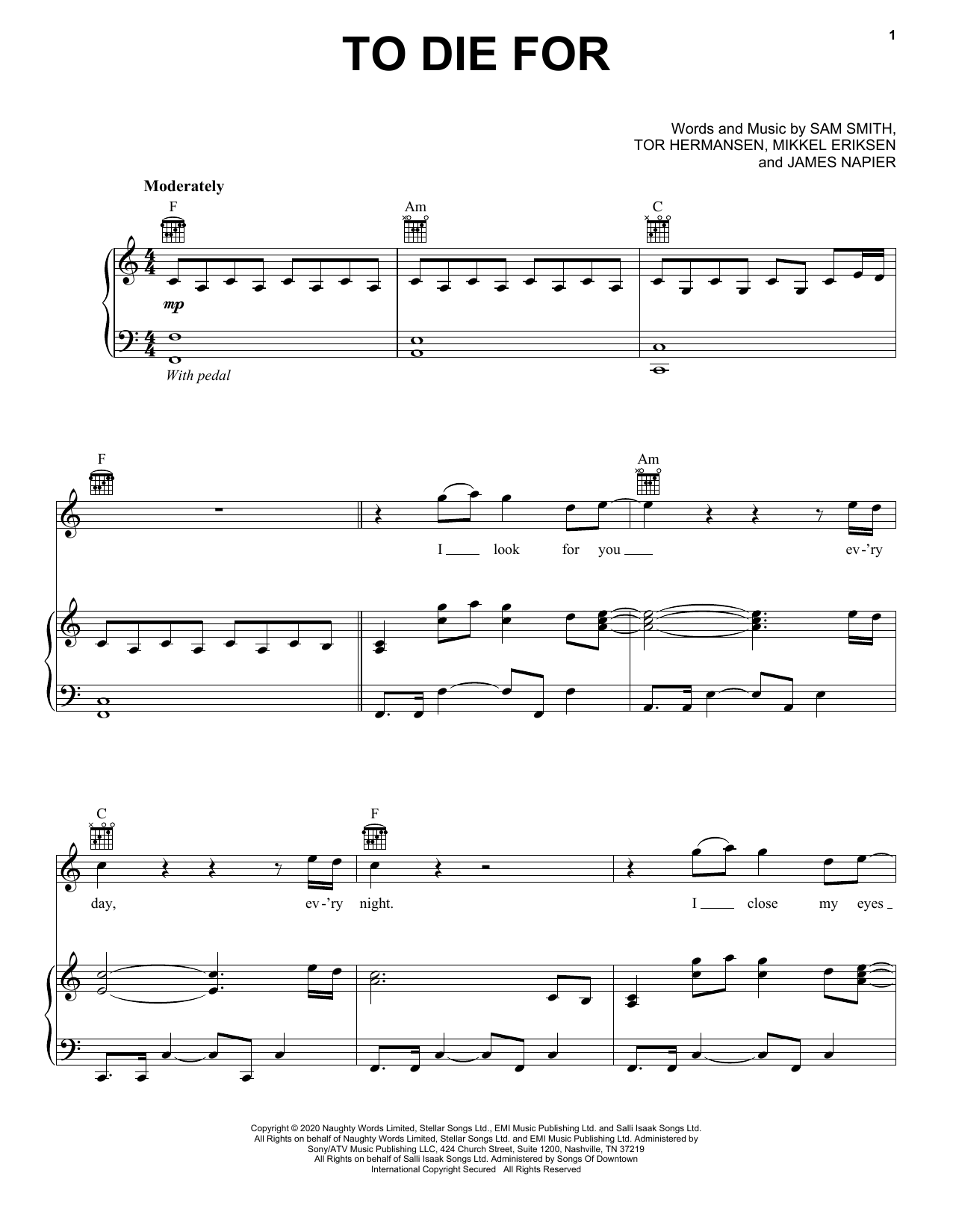 Sam Smith To Die For sheet music notes and chords arranged for Piano, Vocal & Guitar Chords (Right-Hand Melody)