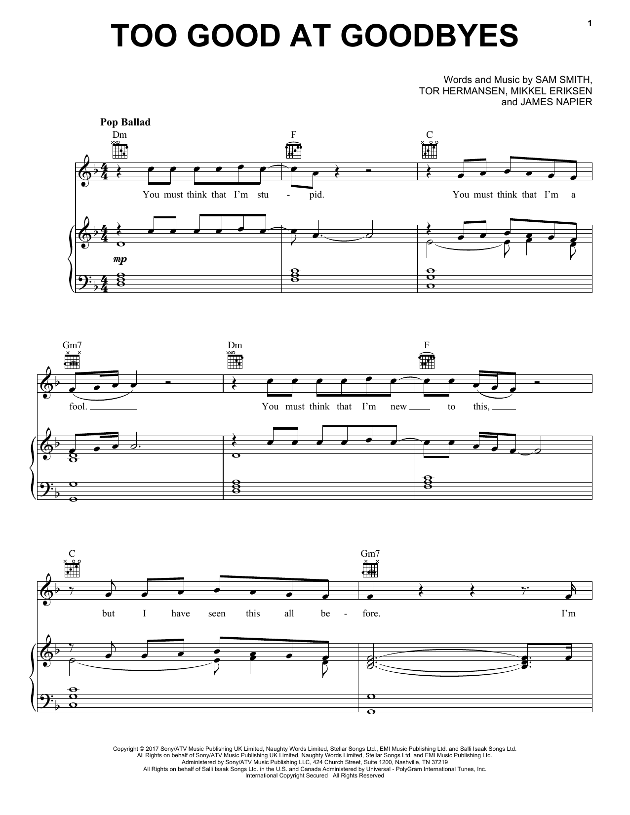 Sam Smith Too Good At Goodbyes sheet music notes and chords arranged for Easy Piano