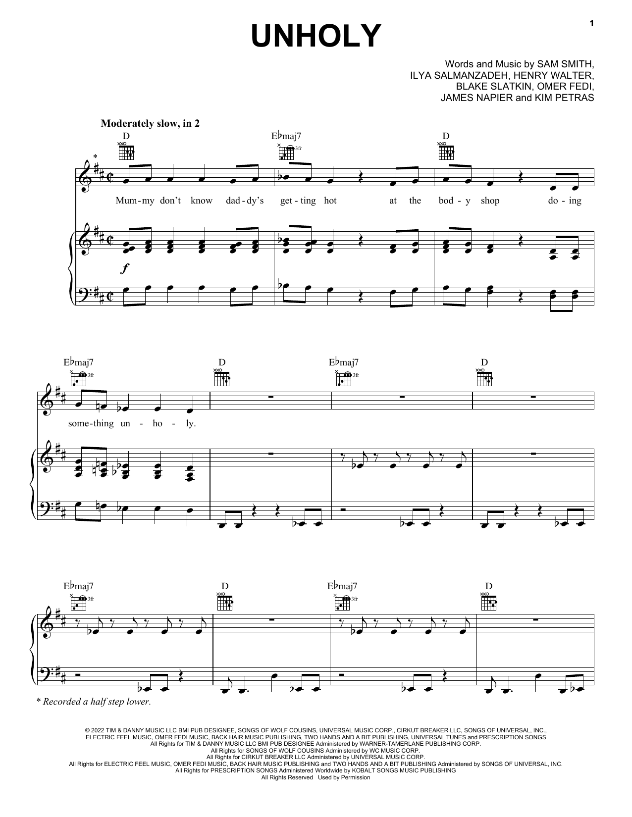 Sam Smith Unholy (feat. Kim Petras) sheet music notes and chords arranged for Piano, Vocal & Guitar Chords (Right-Hand Melody)