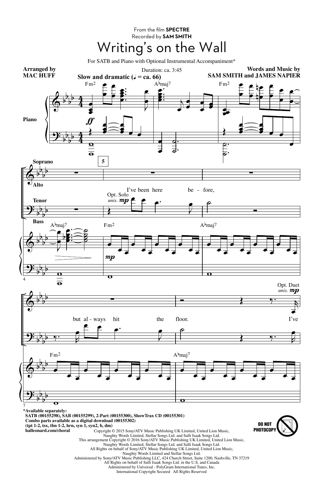 Sam Smith Writing's On The Wall (arr. Mac Huff) sheet music notes and chords arranged for 2-Part Choir