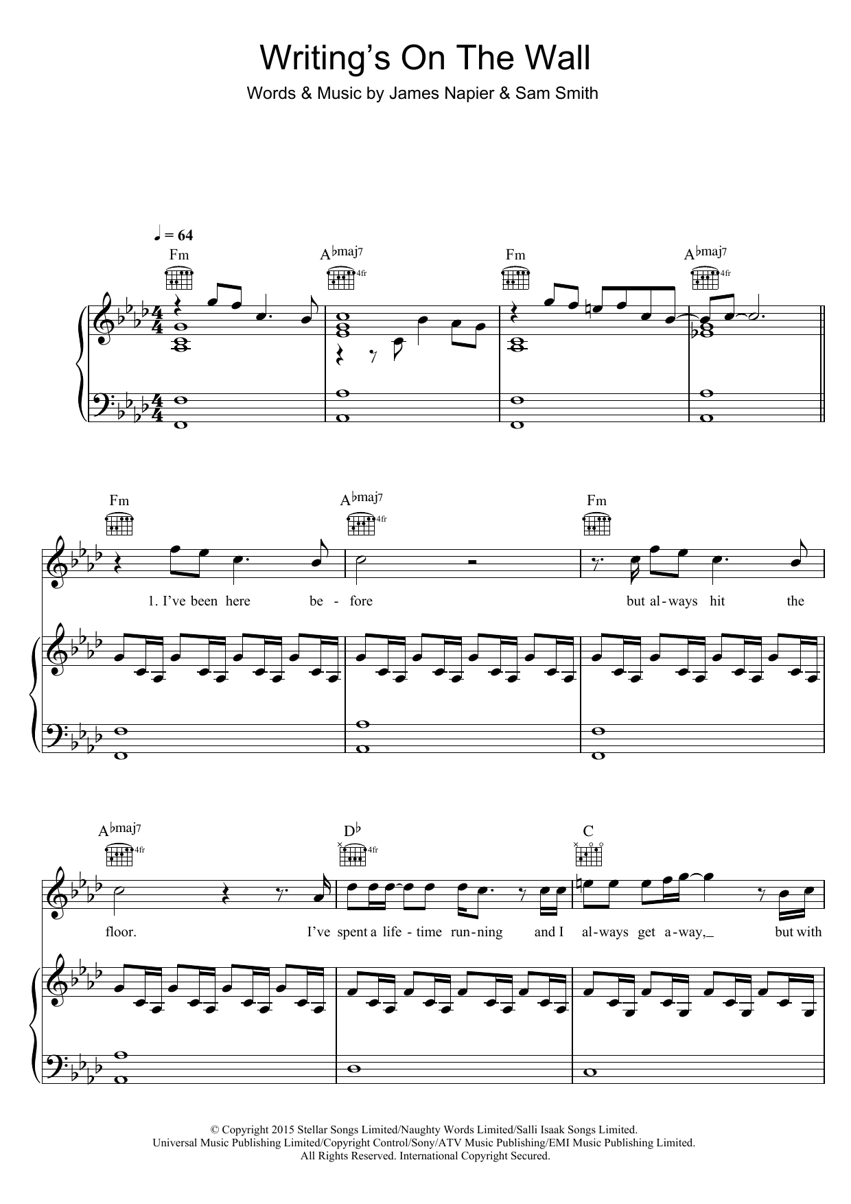 Sam Smith Writing's On The Wall sheet music notes and chords arranged for Piano, Vocal & Guitar Chords