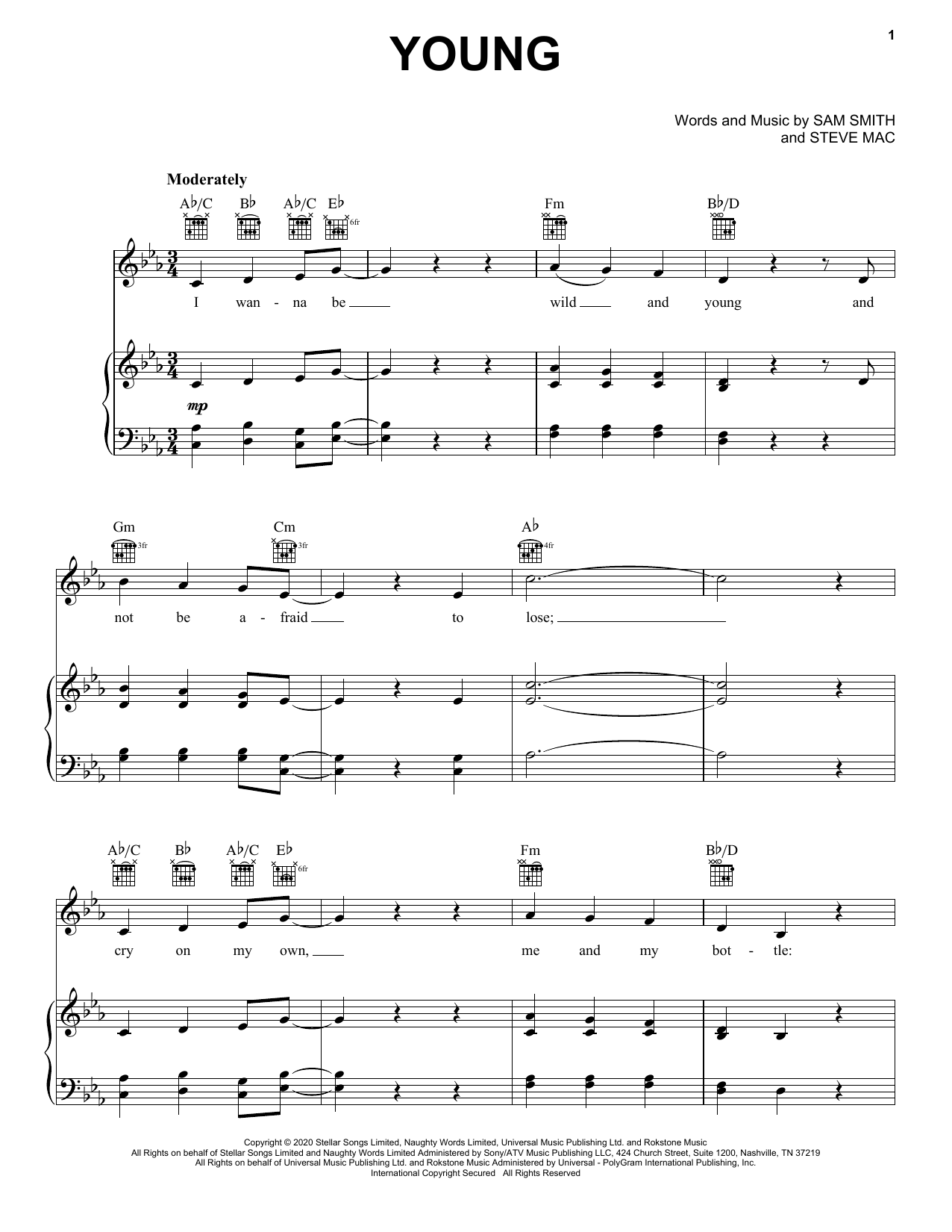 Sam Smith Young sheet music notes and chords arranged for Piano, Vocal & Guitar Chords (Right-Hand Melody)
