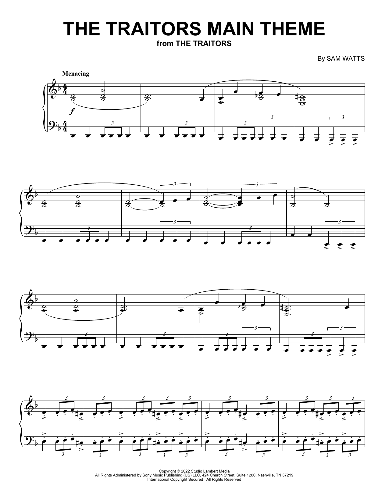 Sam Watts The Traitors Main Theme sheet music notes and chords arranged for Piano Solo