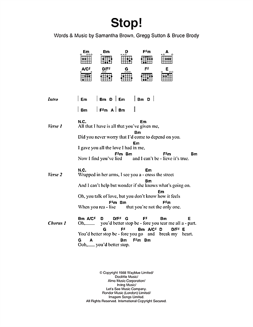 Sam Brown Stop! sheet music notes and chords arranged for Guitar Chords/Lyrics