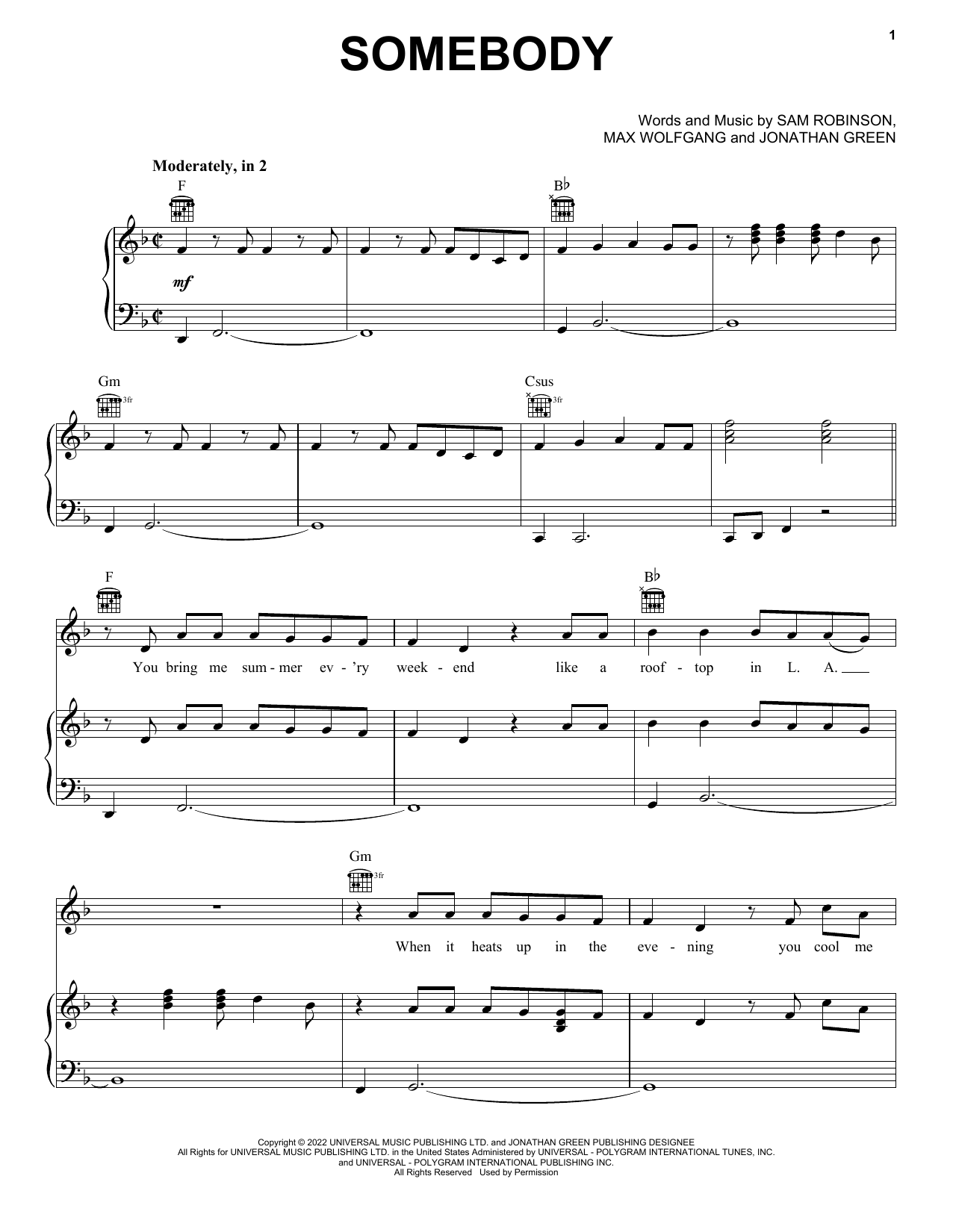 Sam Ryder Somebody sheet music notes and chords arranged for Piano, Vocal & Guitar Chords (Right-Hand Melody)