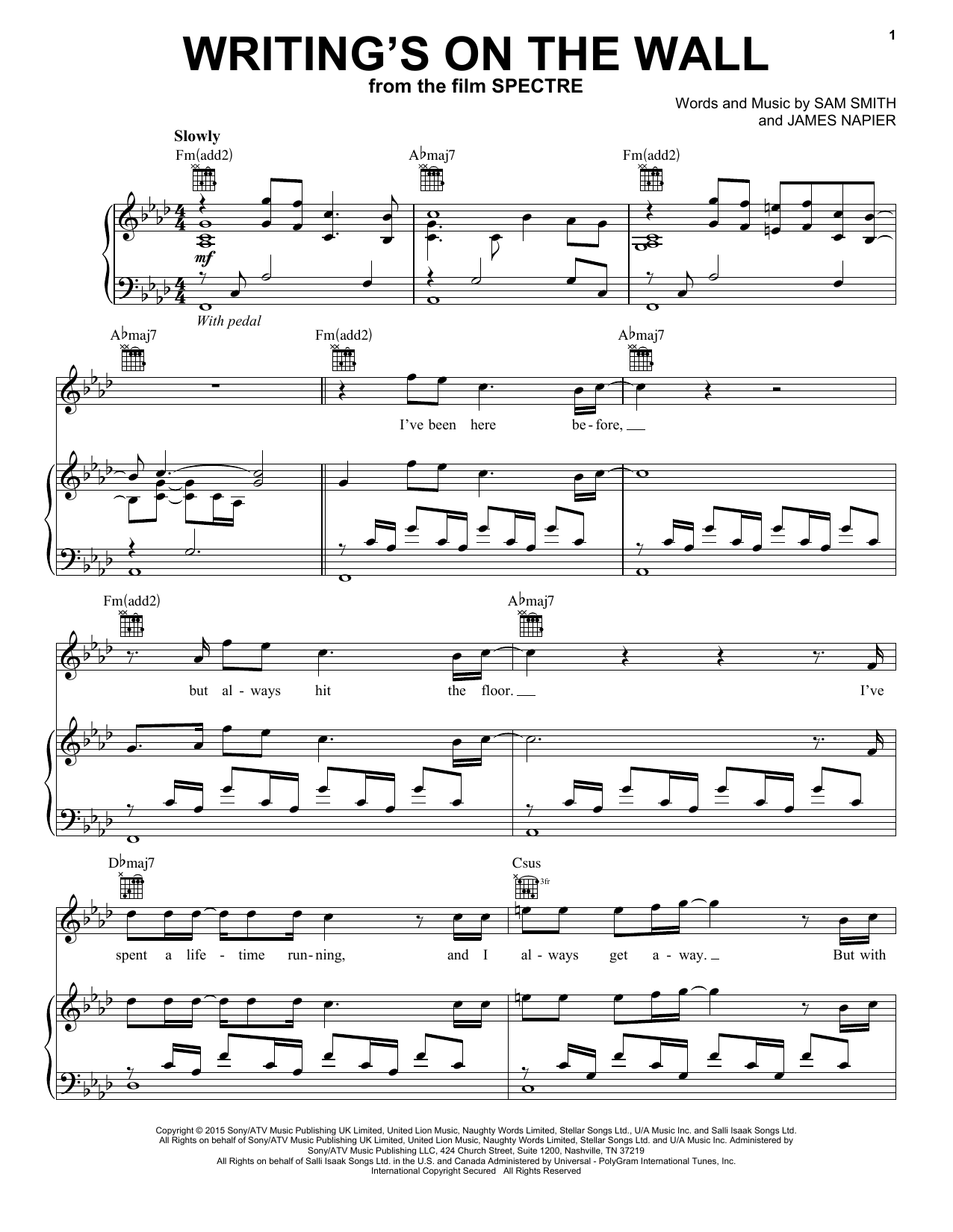 Sam Smith Writing's On The Wall sheet music notes and chords arranged for Piano, Vocal & Guitar Chords (Right-Hand Melody)