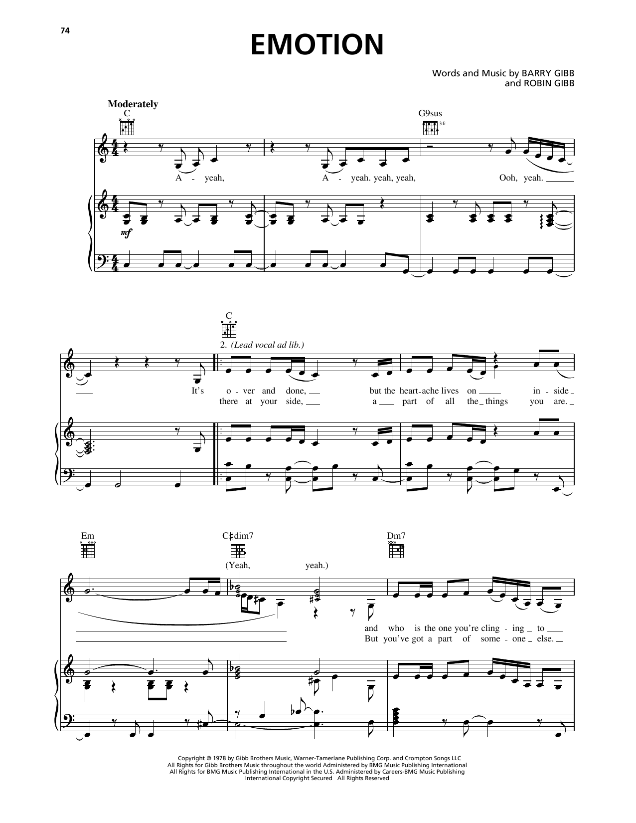 Samantha Sang Emotion sheet music notes and chords arranged for Piano, Vocal & Guitar Chords (Right-Hand Melody)