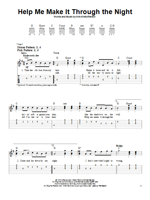 Sammi Smith Help Me Make It Through The Night sheet music notes and chords arranged for Easy Guitar Tab