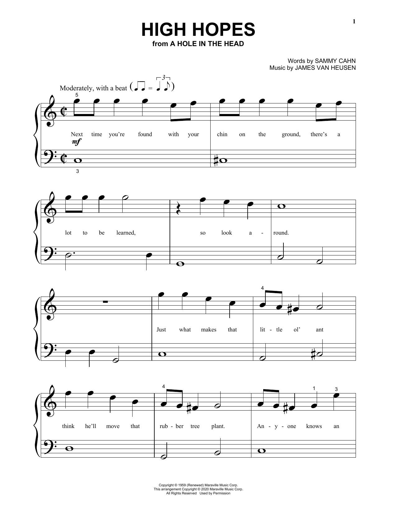 Sammy Cahn & James Van Heusen High Hopes (from A Hole In the Head) sheet music notes and chords arranged for Beginning Piano Solo