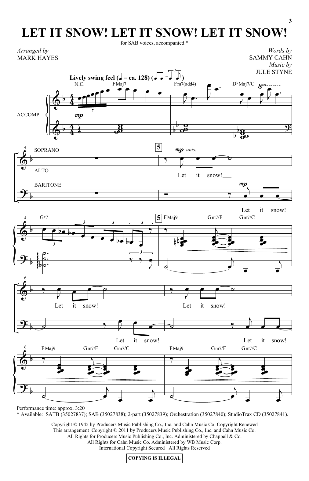 Sammy Cahn & Julie Styne Let It Snow! Let It Snow! Let It Snow! (arr. Mark Hayes) sheet music notes and chords arranged for SAB Choir