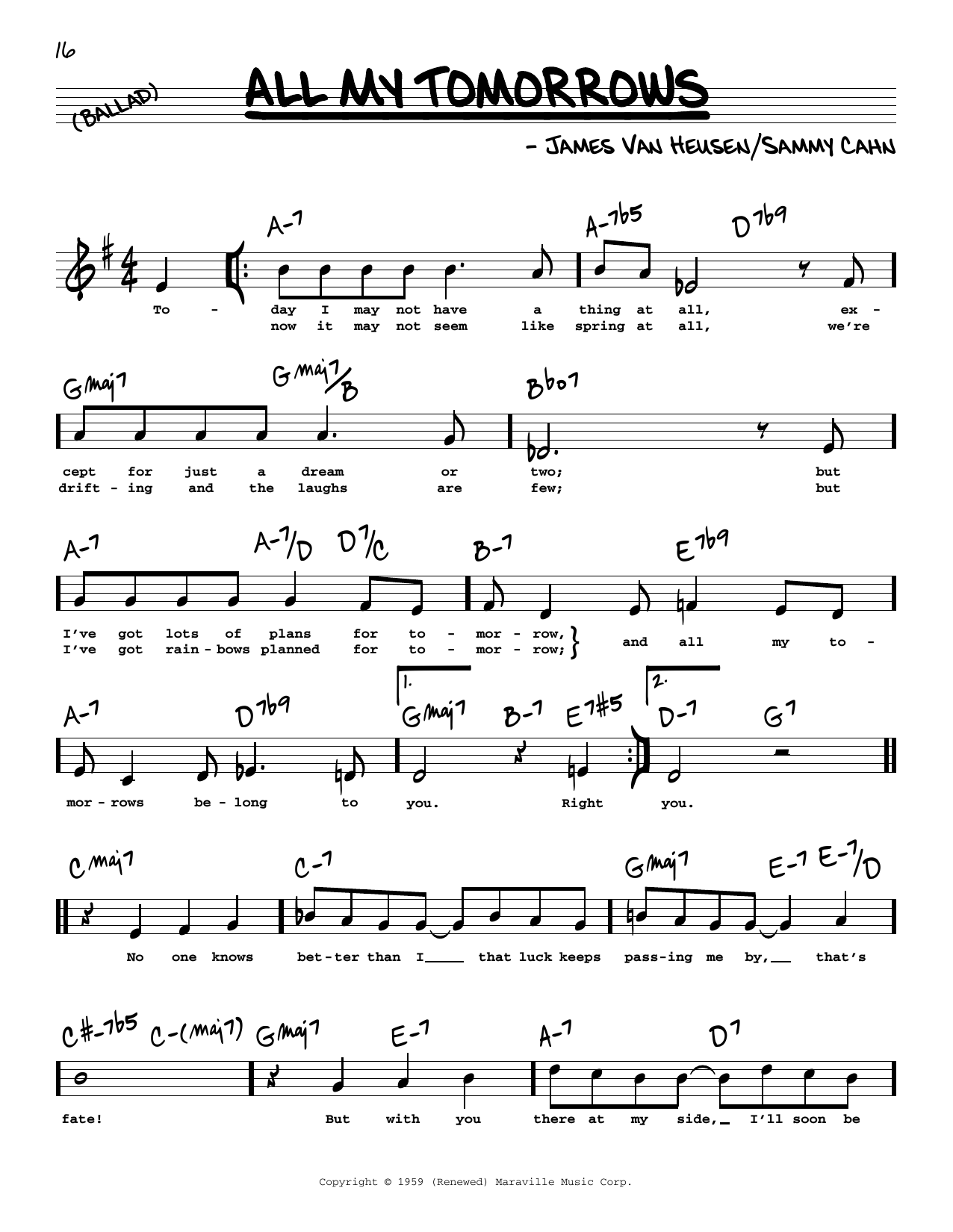 Sammy Cahn All My Tomorrows (High Voice) sheet music notes and chords arranged for Real Book – Melody, Lyrics & Chords