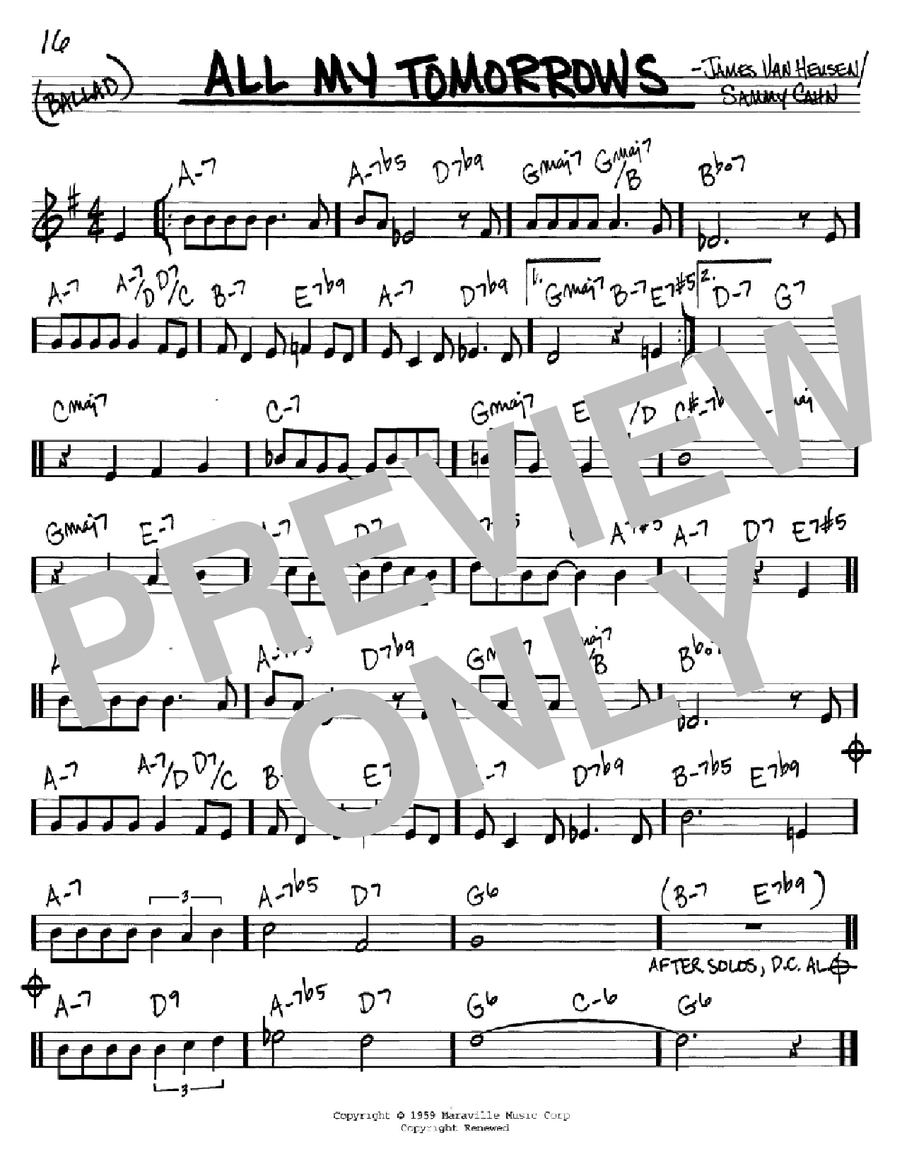 Sammy Cahn All My Tomorrows sheet music notes and chords arranged for Real Book – Melody & Chords – C Instruments