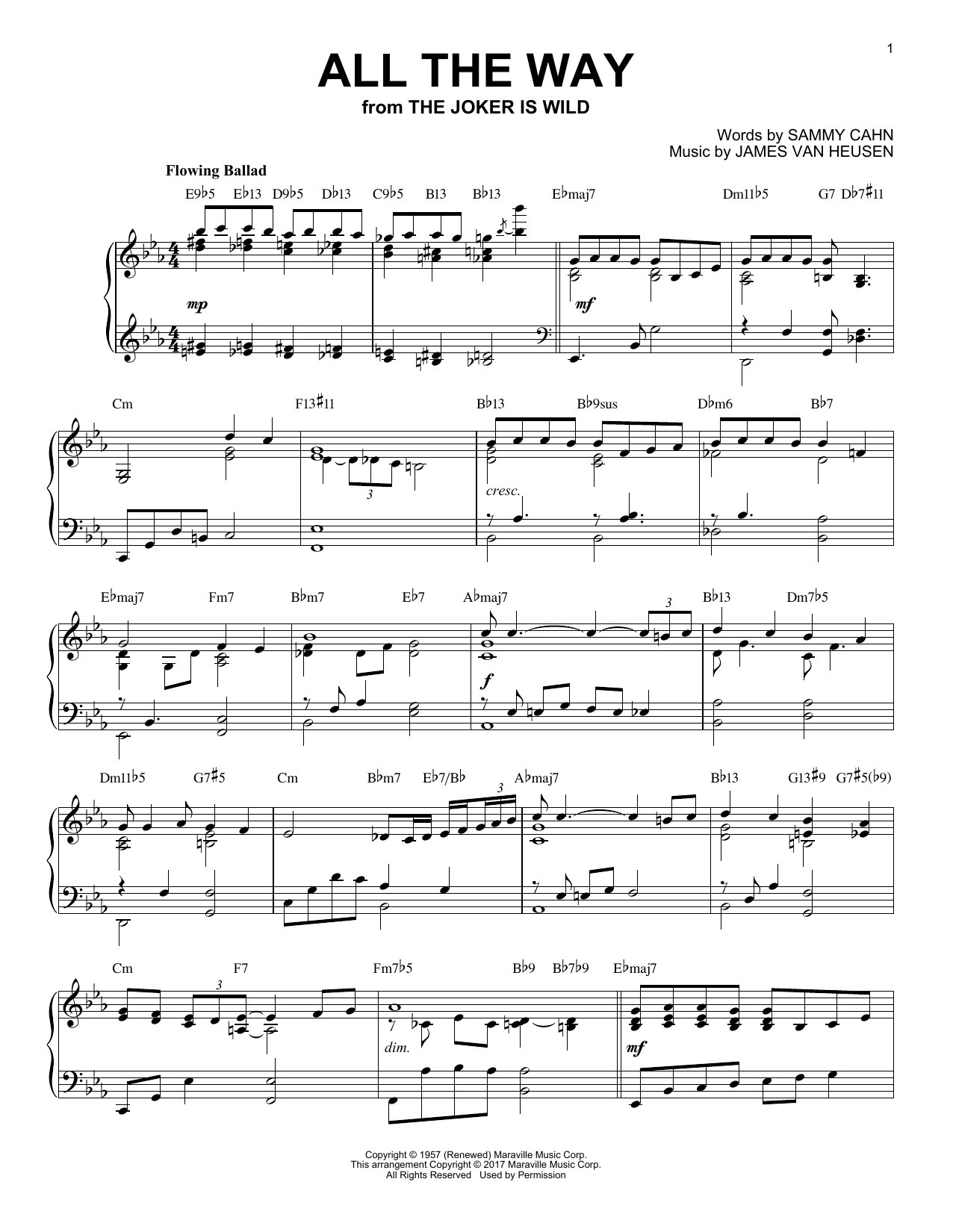 Sammy Cahn All The Way [Jazz version] sheet music notes and chords arranged for Piano Solo