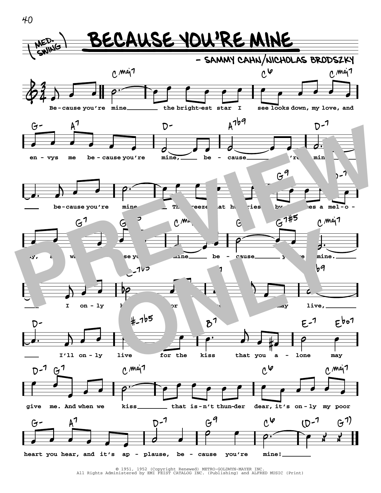 Sammy Cahn Because You're Mine (High Voice) sheet music notes and chords arranged for Real Book – Melody, Lyrics & Chords