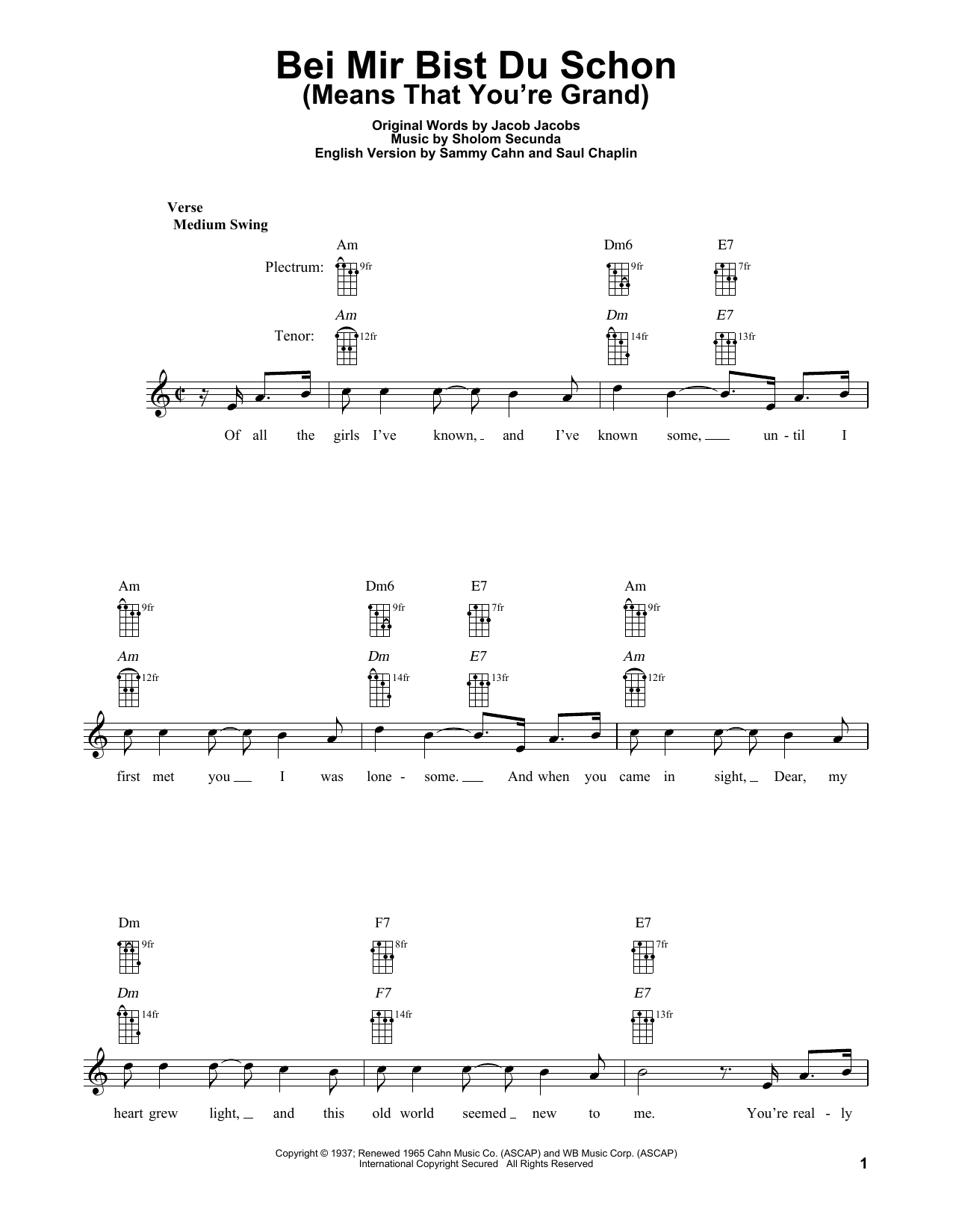 Sammy Cahn Bei Mir Bist Du Schon (Means That You're Grand) sheet music notes and chords arranged for Banjo Tab