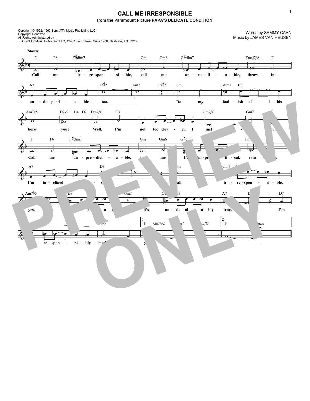 Sammy Cahn Call Me Irresponsible sheet music notes and chords arranged for Pro Vocal