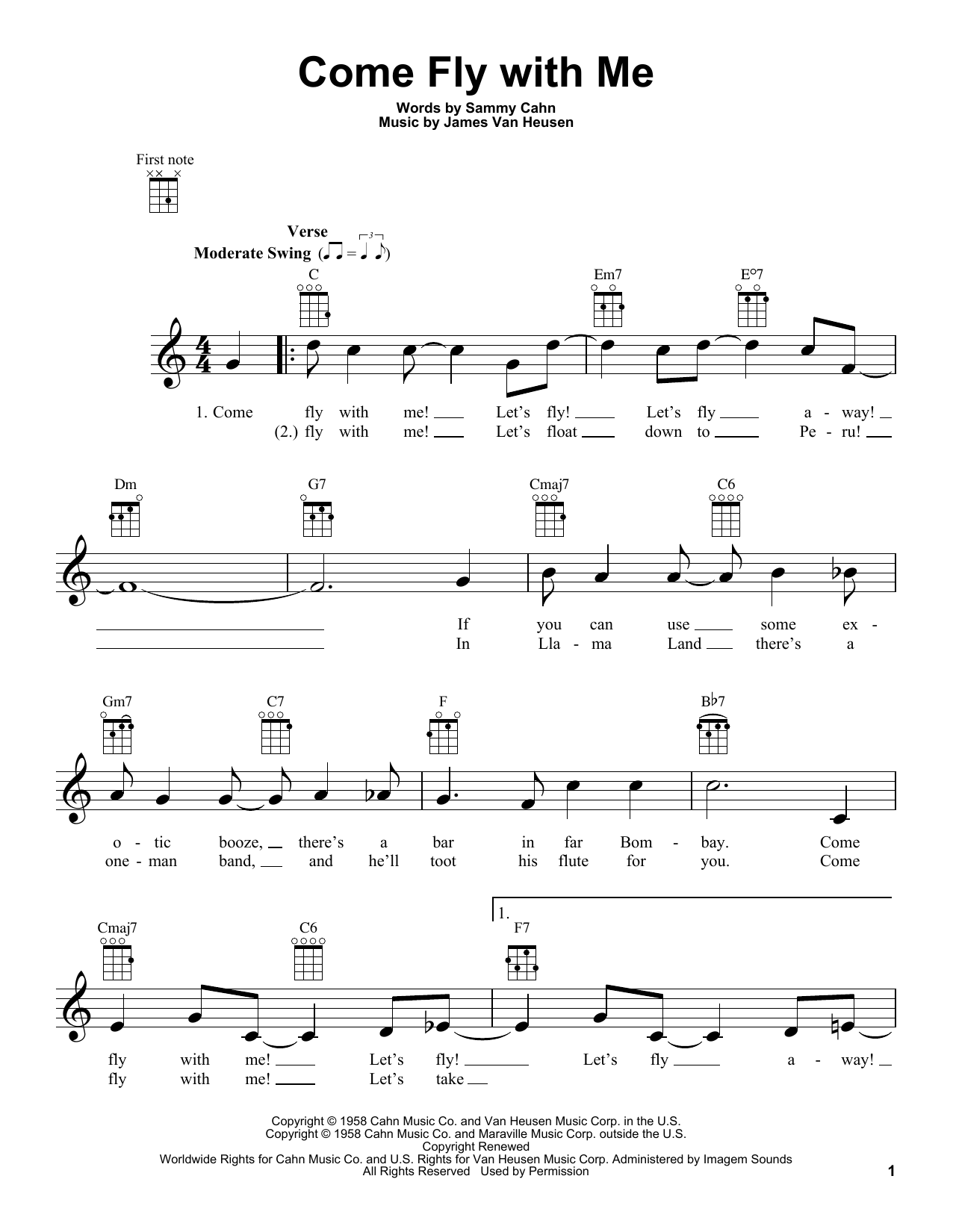 Sammy Cahn Come Fly With Me sheet music notes and chords arranged for Ukulele