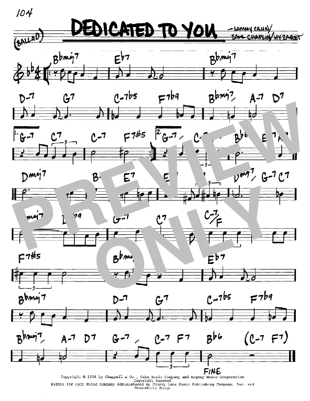 Sammy Cahn Dedicated To You sheet music notes and chords arranged for Real Book – Melody & Chords – Eb Instruments