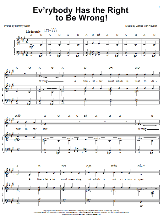 Sammy Cahn Ev'rybody Has The Right To Be Wrong! sheet music notes and chords arranged for Piano, Vocal & Guitar Chords (Right-Hand Melody)