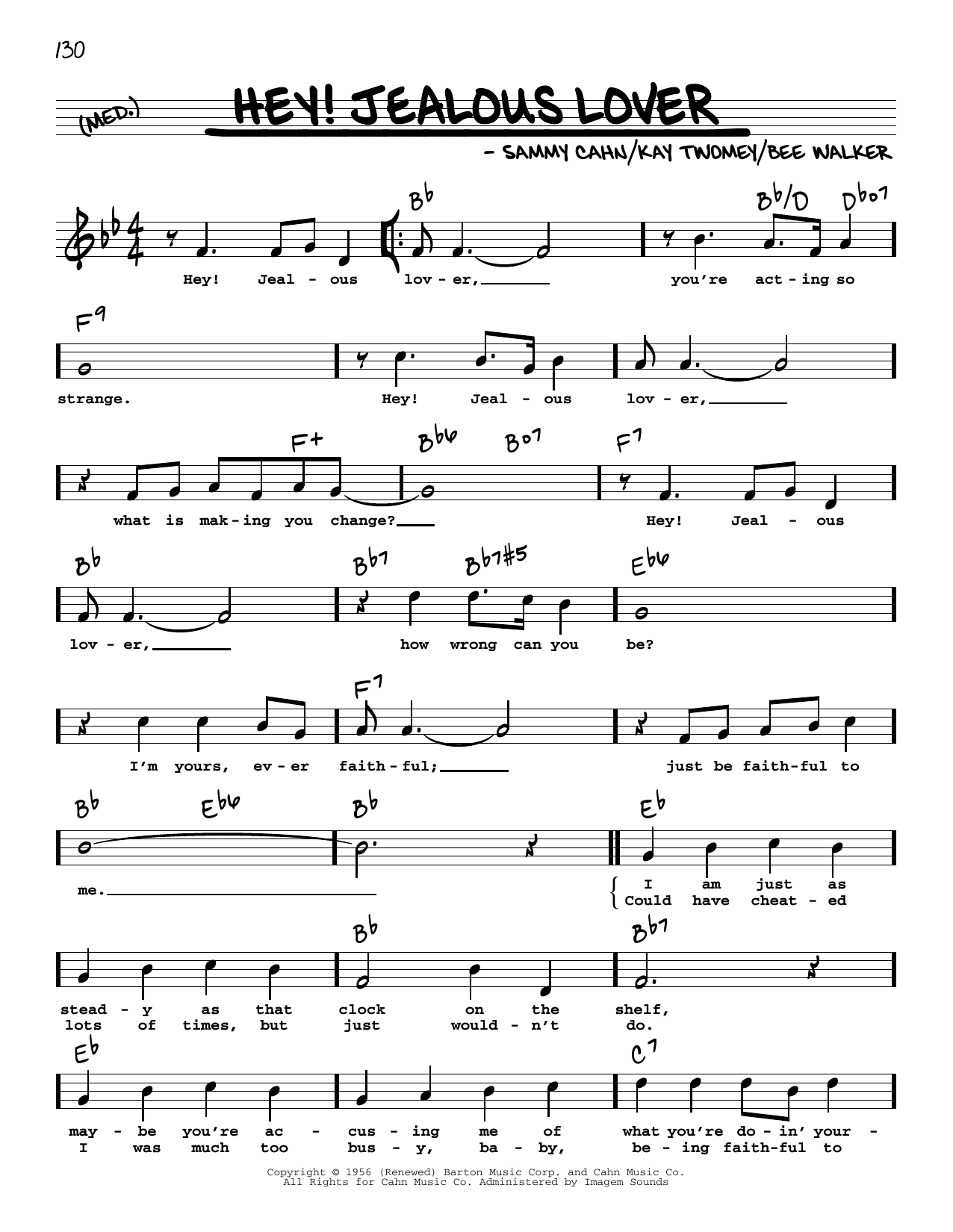 Sammy Cahn Hey! Jealous Lover (High Voice) sheet music notes and chords arranged for Real Book – Melody, Lyrics & Chords