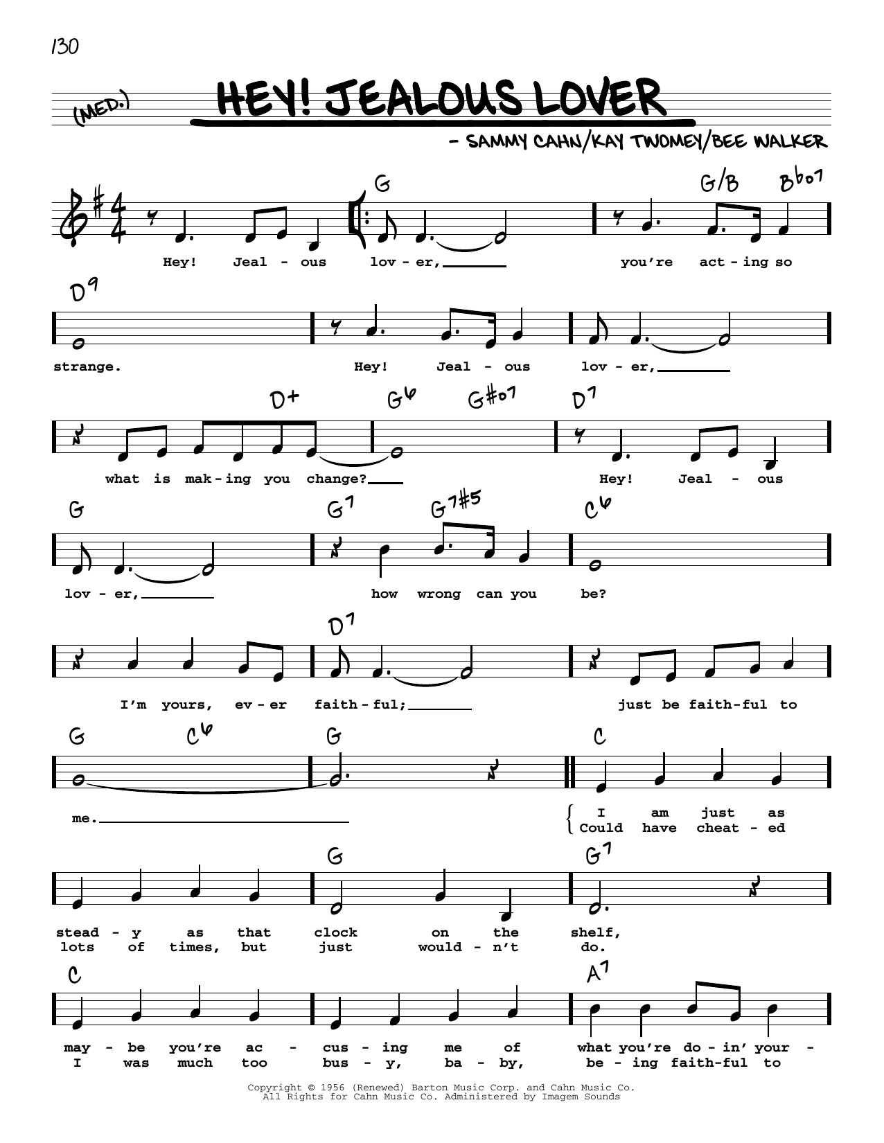 Sammy Cahn Hey! Jealous Lover (Low Voice) sheet music notes and chords arranged for Real Book – Melody, Lyrics & Chords