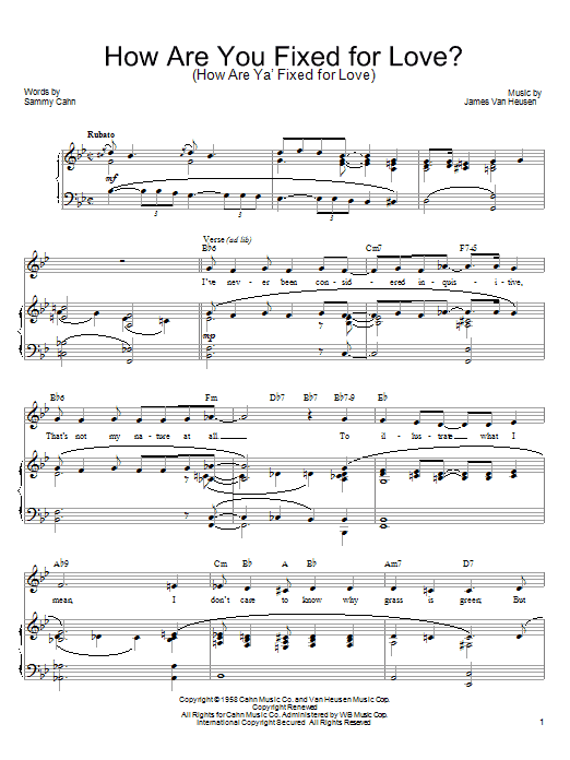 Sammy Cahn How Are You Fixed For Love? (How Are Ya' Fixed For Love) sheet music notes and chords arranged for Piano, Vocal & Guitar Chords (Right-Hand Melody)