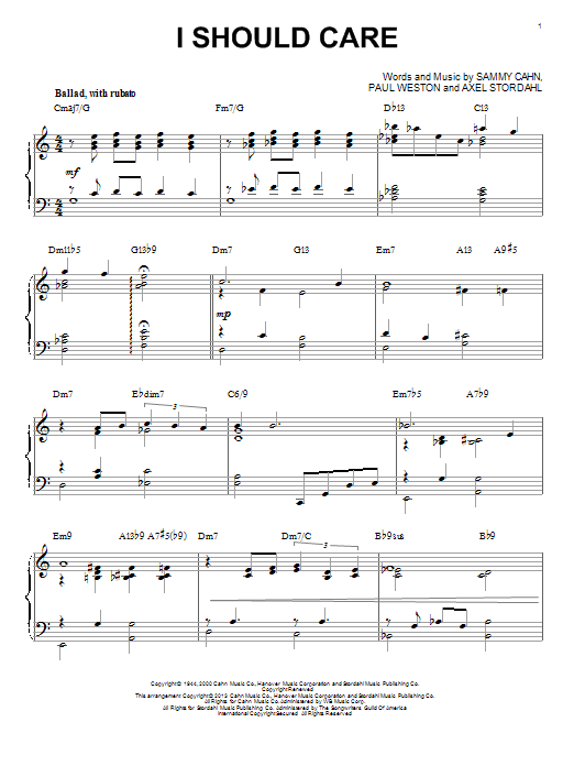 Sammy Cahn I Should Care (arr. Brent Edstrom) sheet music notes and chords arranged for Piano Solo